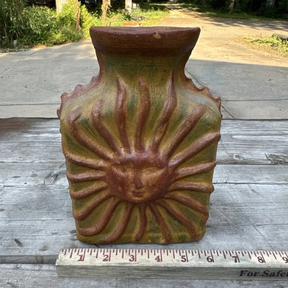 Art Pottery Clay Vase/Vessel/Bottle Raised Sun Celestial Boho Rustic